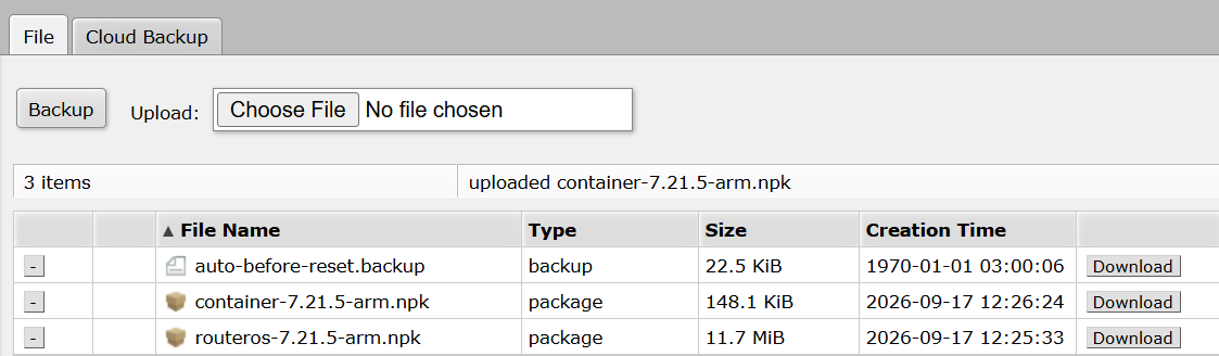 RouterOS and container packages uploaded to Files